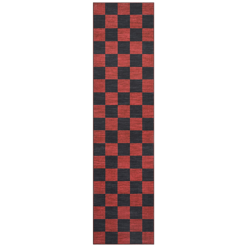 2 x 6 tapis de couloir lavable à la machine sur le thème du tapis de damier de Noël, décor festif pour le salon, chambre à coucher, tapis antidérapant des fêtes (rouge et noir)