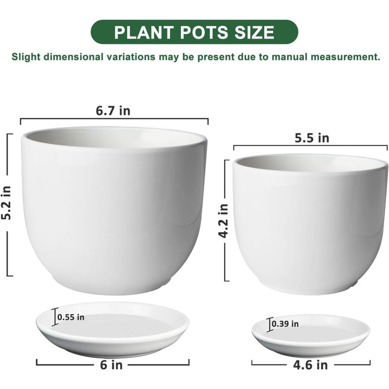 6.7" + 5.5" Ceramic Plant Pots With Drainage & Saucers