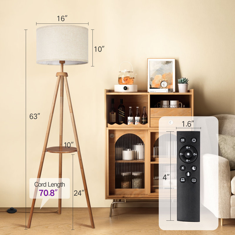 Jodanna 63" Dimmable Tripod Floor Lamp with Remote, Included LED Bulb, Wood