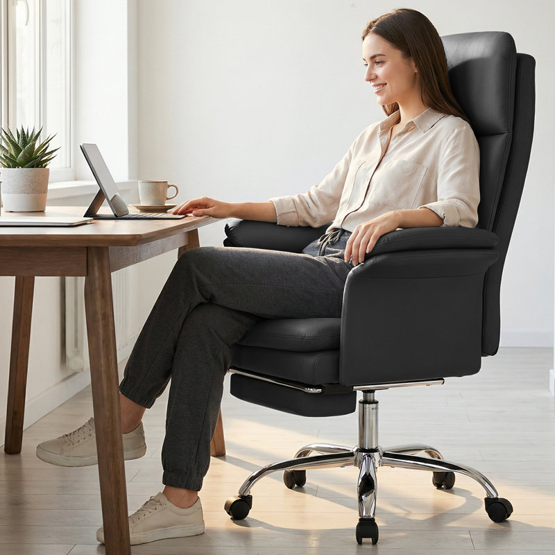 Fauteuil de direction avec repose-pieds et coussin lombaire, Noir