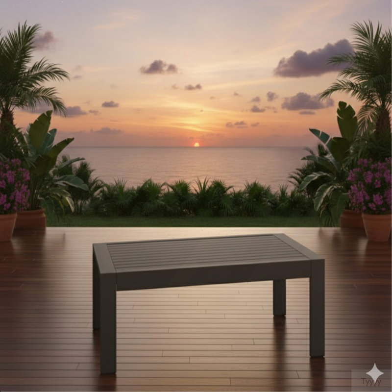 43" X 24" All-Weather Metal Outdoor Coffee Table With Wood-Look Top And Gray Frame, Gray