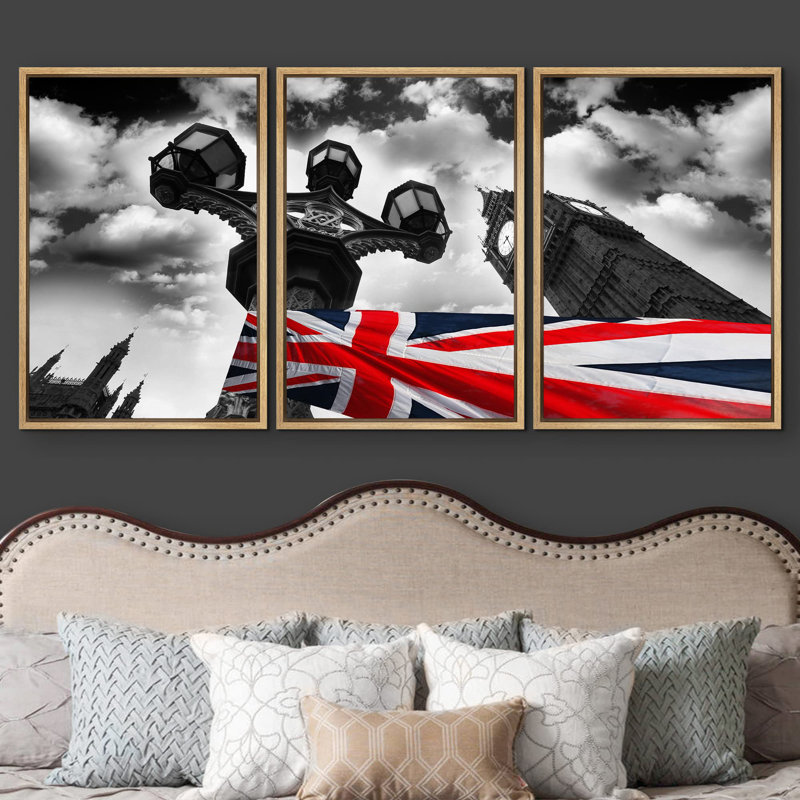 Vibrant drapeau du Royaume-Uni et Big Ben à Londres, paysage urbain, photographie, art moderne, H 24 po x l 48 po