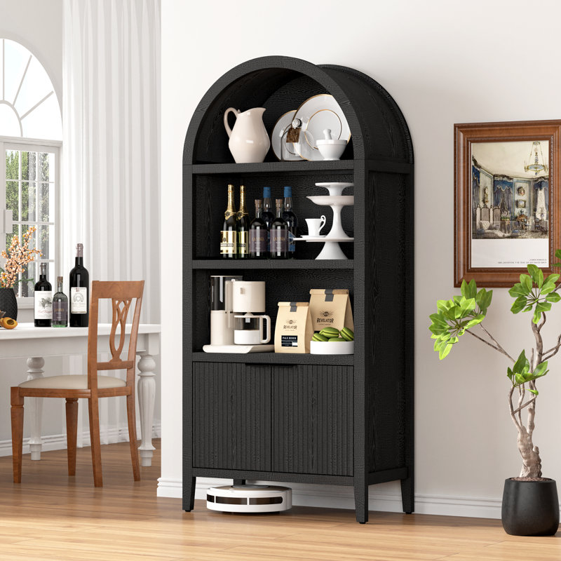 71" Arched Storage Bookcase, Display Cabinet, Black Wood Grain