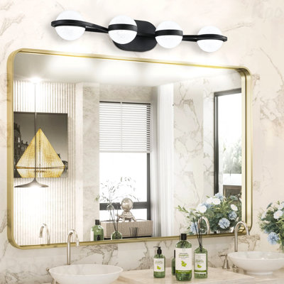 Éclairage pour meuble-lavabo de salle de bain 30 po - 4 lumières DEL en métal noir mat, abat-jour en cristal sable acrylique, fixation murale minimaliste