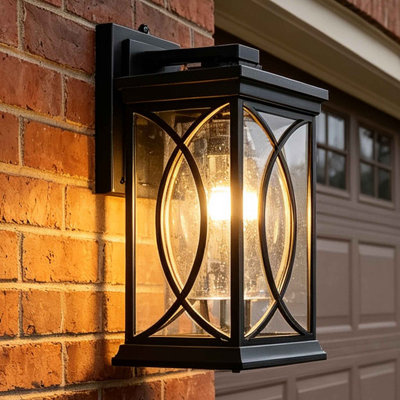 Oil Rubbed Bronze Outdoor Wall Sconce with Dusk-to-Dawn Sensor & Manual Control, IP65 Waterproof Die-Cast Aluminum Exterior Light, Cracked Glass Lantern for Porch, Garage, Patio
