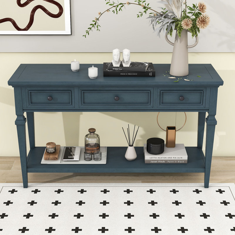 Tolgahan Retro Wooden Console Table with Storage Drawers and Shelf for Living Room, Navy