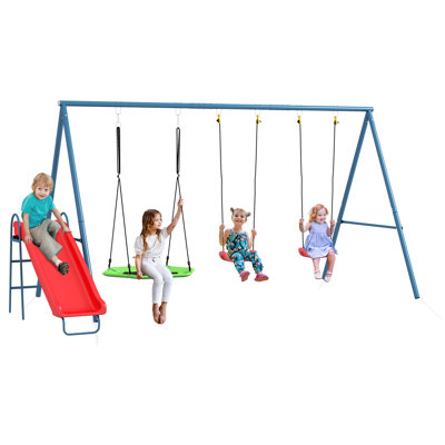 352 Lbs Swing Set For Backyard, 3 In 1 Heavy-Duty A-Frame Stand Outdoor Playset For Kids, With Saucer Swing, Slide, Swing Seats