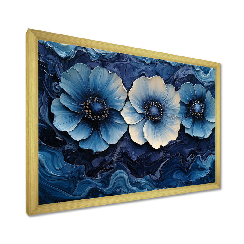 Aqua bleu coquelicots, paysage de rêve la nuit I - coquelicots, art mural, H 12 po x l 20 po, Cadre photo blanc