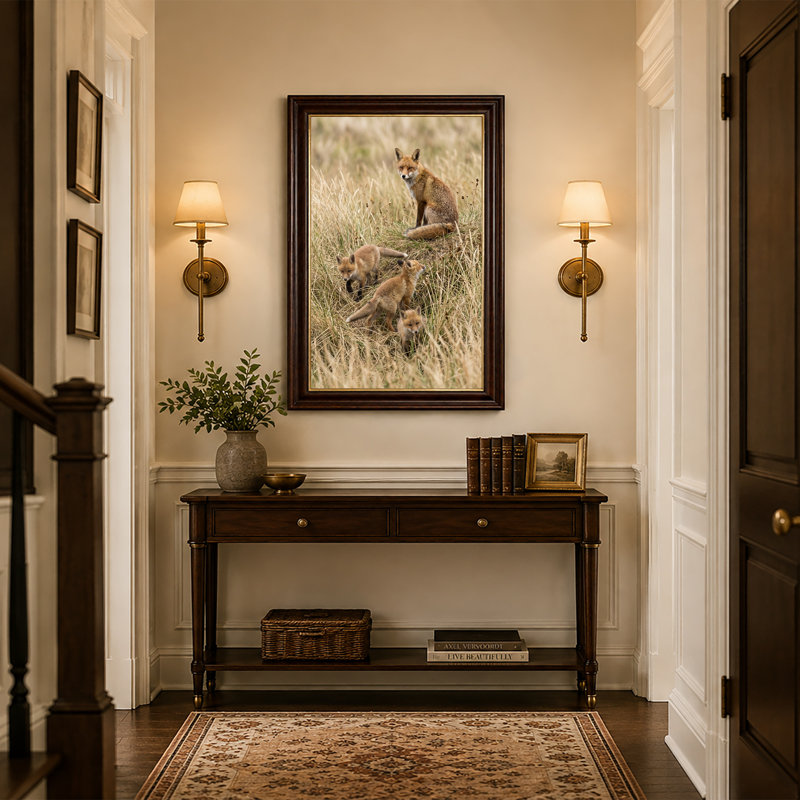 «Red Fox Family and Cubs in Tall Dry Grass», art mural sur toile, 18"H x 12"W