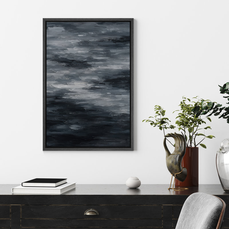Art mural encadré, impression abstraite de paysage bleu pour décor de salon, H 24 po x l 16 po, Cadre flottant, Noir