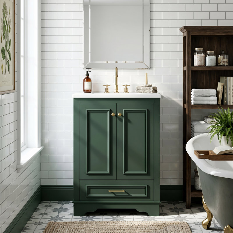 Meuble-lavabo autoportant moderne de 24 po avec lavabo en céramique, portes à fermeture douce et poignées en métal doré, 24"