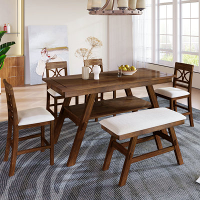 6-Piece Wood Counter Height Dining Table Set With Storage Shelf, Kitchen Table Set With Bench And 4 Chairs