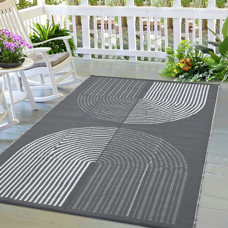 9x12ft (270x360cm) Grey & White Waterproof Reversible Outdoor Rug, Large Plastic Straw Patio Carpet, All-Weather Easy-Care Foldable Mat for Deck Balcony Camping RV