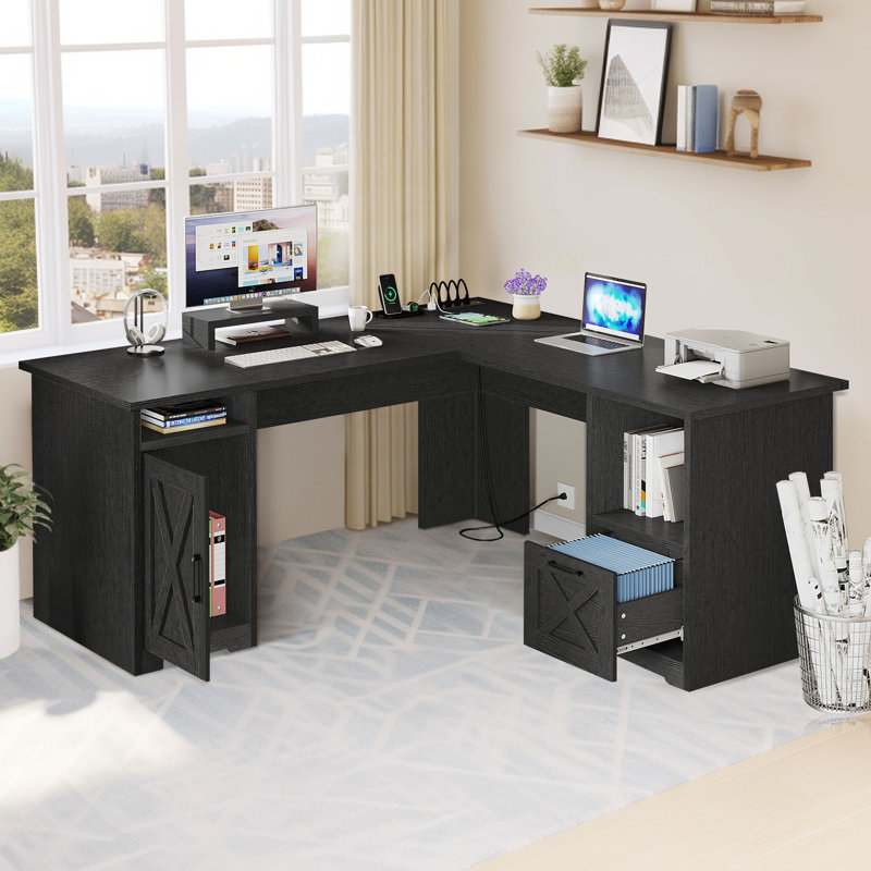 Draco 59" L Shaped Desk with Power Outlets &  File Drawer, Black