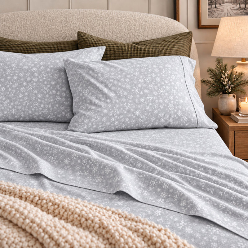 Ensemble de draps 100% flanelle de coton, Lit simple, Flocons de neige