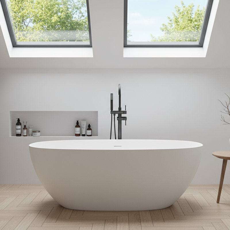 71'' Freestanding Tub Solid Surface Stone Resin Free Standing Soaking Bathtub with Overflow, Pop-up Drain, White
