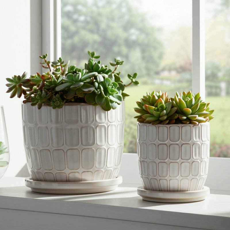 Stoneware And Ceramic Saucer Planters With Embossed Geometric Texture, Modern Decorative Design, Stylish Round Form, Versatile Display Accent, Set Of 2
