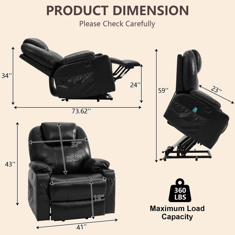 Fauteuil inclinable électrique Yaneth, Cuir véritable noir