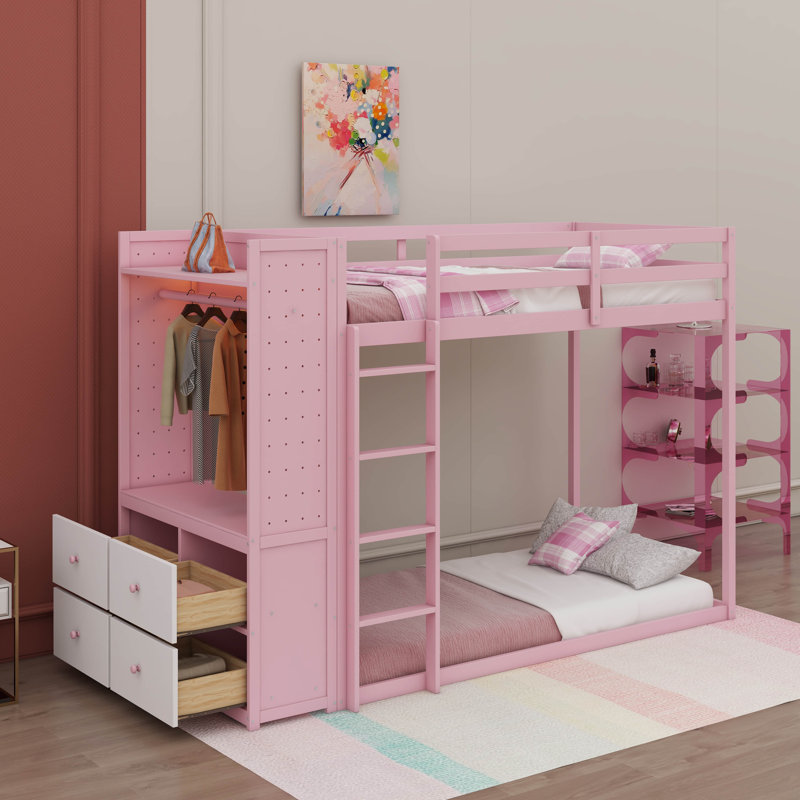 Lit superposé en bois avec garde-robe intégrée et 4 tiroirs de rangement, bande lumineuse intégrée et panneau perforé, Pink