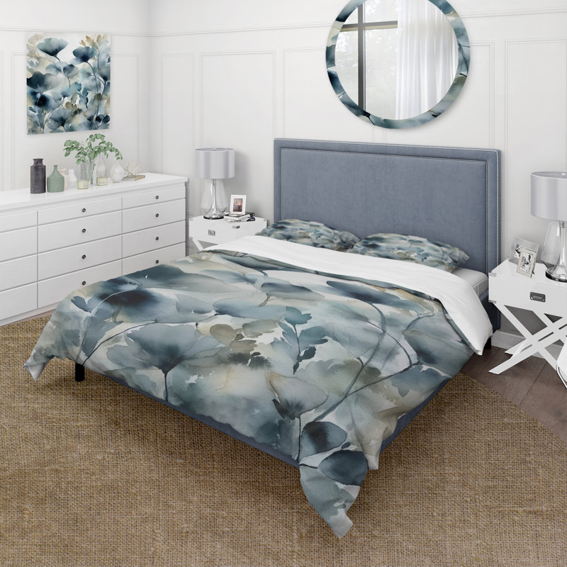 Blue Leaf Foliage And Flowers II - Leaves Duvet Cover Set - Microfiber Polyester, Twin Duvet Cover + 1 Standard Sham
