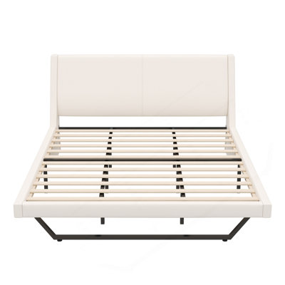 Très grand cadre de lit tapissier très grand, lit plateforme en cuir d'unité centrale avec un design en forme de vague et des pieds de forme trapézoïdale, sans sommier tapissier, blanc