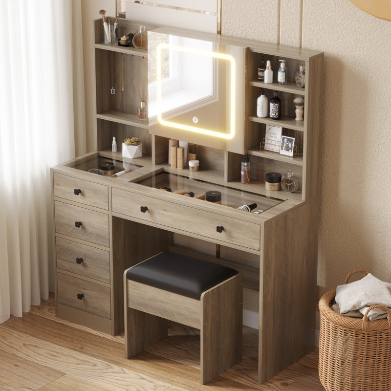 Ensemble de tabouret de coiffeuse Bohuslava, Chêne