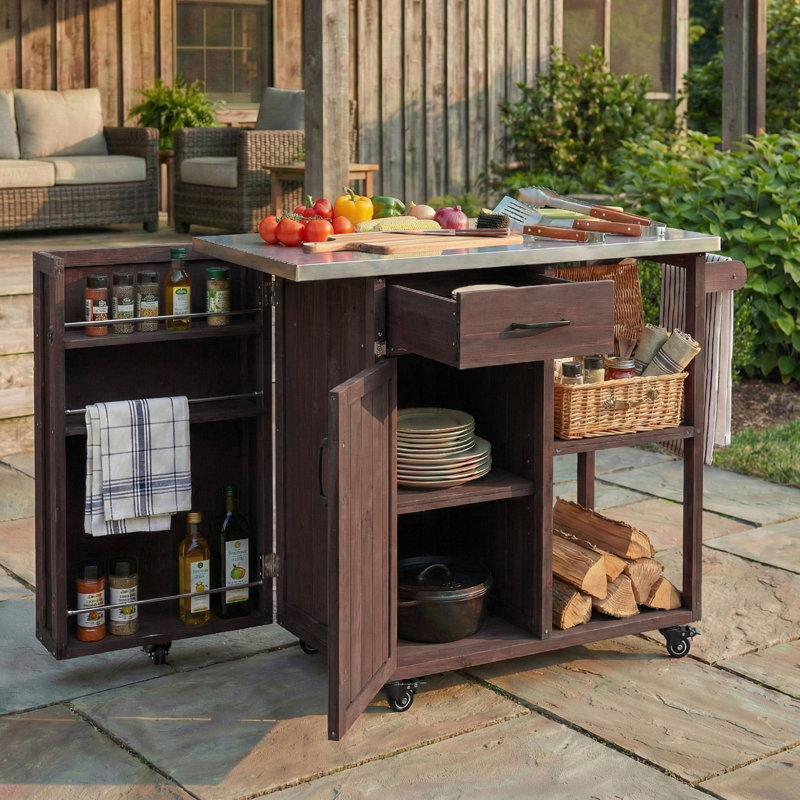 40.5'' Outdoor Kitchen Island Cart With Stainless Steel Top, Dark Brown/Gray