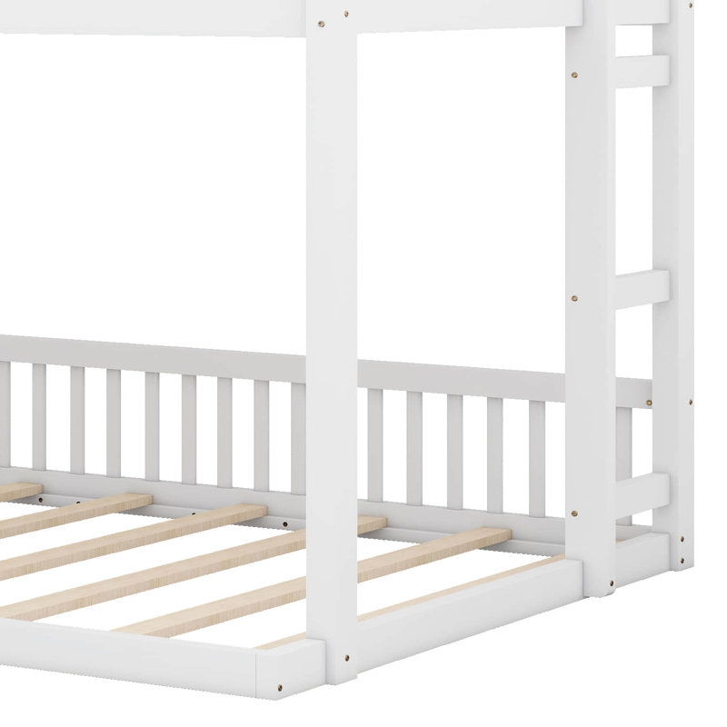 Lit superposé avec glissade et échelle intégrée, structure de lit superposé au sol en bois avec support de lattes robustes