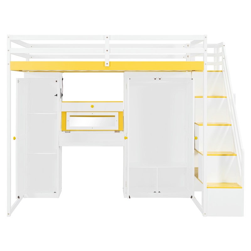 Lit mezzanine double avec bureau de coiffeuse éclairé, escalier de rangement, armoire et armoire, Jaune / Blanc