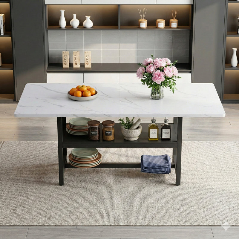 La table de salle à manger de 71 po x 35,4 po avec plateau de table composé de quatre panneaux de fibres à densité moyenne texturé blanc et d'une plateforme de rangement de 43,3 po x 19,7 po est idéale pour les réunions de famille