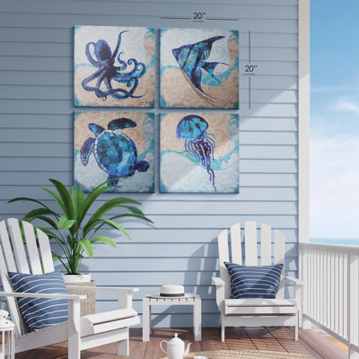 «Rosecliff Heights Sea Creatures», ensemble de 4 reproductions d'art sur toile - 24 po x 24 po