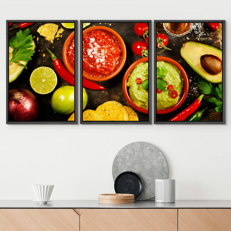 Cuisine mexicaine: décorations murales tortillas, guacamole, salsa, téquila, Cadre flottant noir, H 36 po x l 72 po