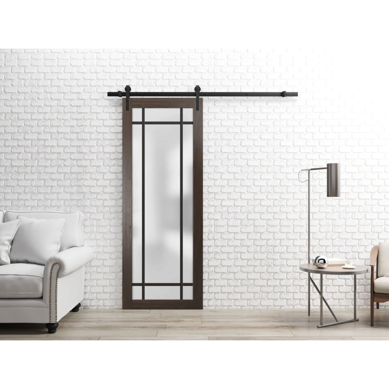 Porte de grange robuste en verre trempé dépoli Planum 2112 Frêne Chocolat, rail noir de 2 m (6,6 pi), quincaillerie robuste, portes intérieures modernes à panneaux pleins - 76 cm x 203 cm (30 po x 80 po) - Rail noir