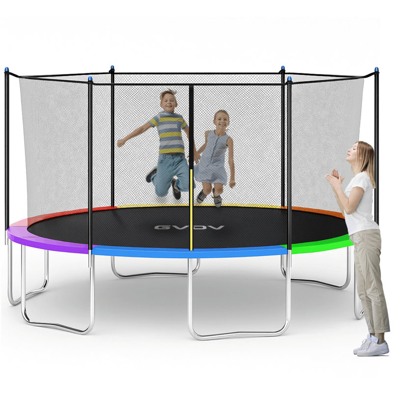 Ensemble de trampoline pour cour / extérieur rond de 14 pi GVDV avec système de sécurité, Rouge / bleu / jaune / vert / mauve