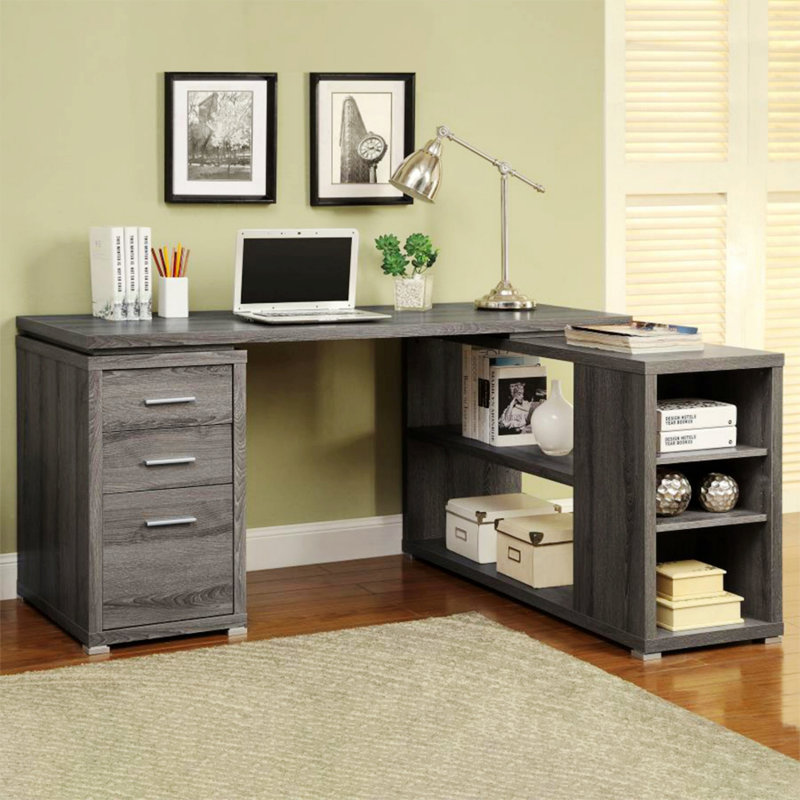 Bureau en L avec tiroirs et tablettes
