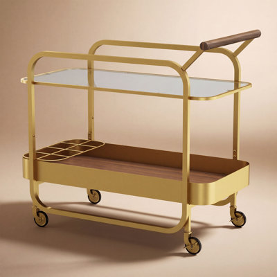 33" x 18" x 30" Bar Cart on Wheels, 2-Tier Bar Cart With Glass Top & Wine Storage, Luxury Serving Cart, Available in Gold or Black