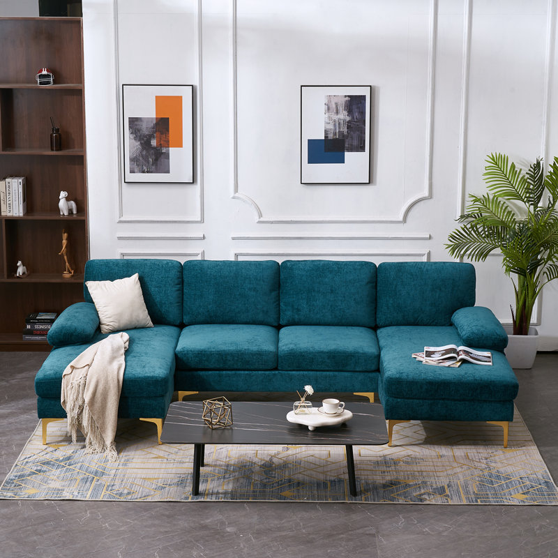 Trego Upholstered U-Shaped Sectional Symmetrical, Blue Green Chenille