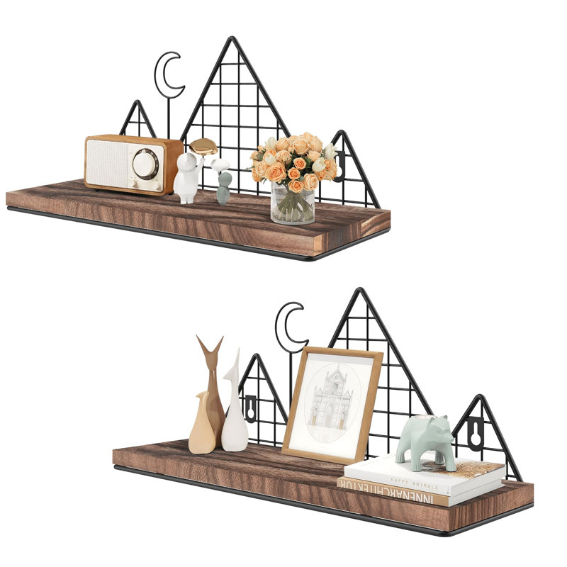 Floating Shelves, Set Of 2 Mountain Wall Shelves, Rustic Wood Display Storage Shelf With Metal Wire, Geometric Decor For Bathroom, Nursery, Bedroom, Office, Brown And Black