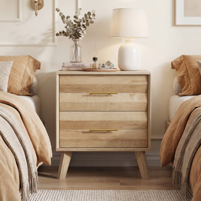 Single Mid-Century Oak 2-Drawer Nightstand, Modern Bedroom Storage Cabinet with Metal Handles