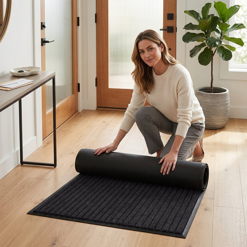 NON-SLIP RUBBER DOOR MAT - INDOOR/OUTDOOR USE, Black, 80cm W x 300cm L