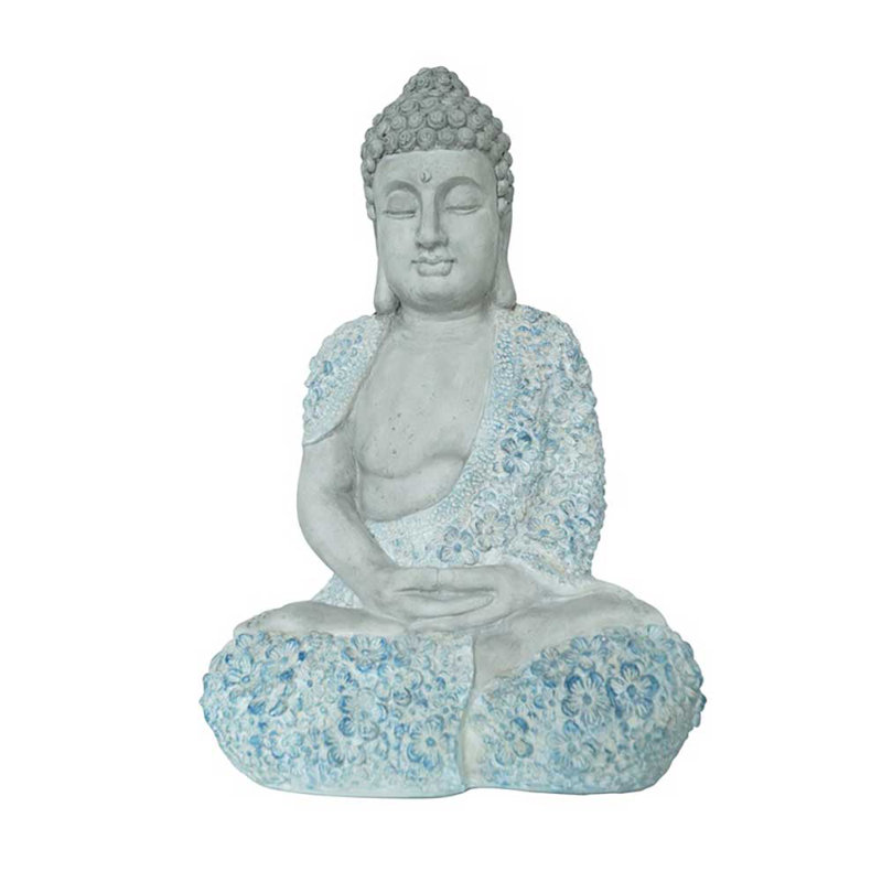 Statue de jardin de Bouddha assis 16 po avec robe de fleur, Gris te bleu