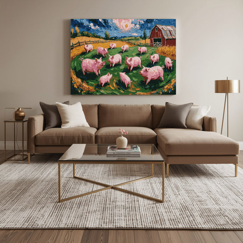 Ferme, cochons verts, art mural sur toile, H 20 po x l 30 po