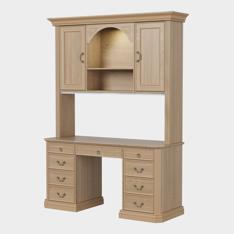 Bureau de direction 59 po avec huche, 9 tiroirs, 2 armoires de rangement à 2 portes, moulure couronnée, Chêne
