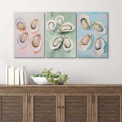 Oil Painting Oyster Shell Canvas Print Wall Art Set of 3 - Coastal Kitchen or Dining Room Decor with Sea-Inspired Style