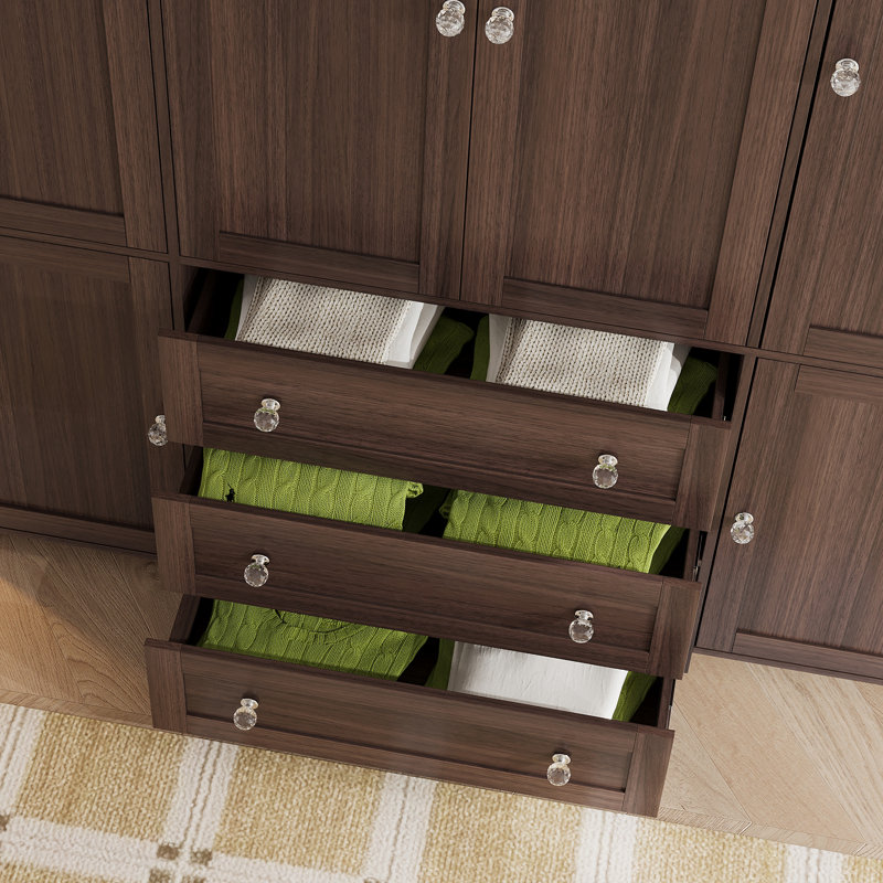 Armoire 6 portes avec miroir, garde-robe avec 3 tiroirs, Noyer