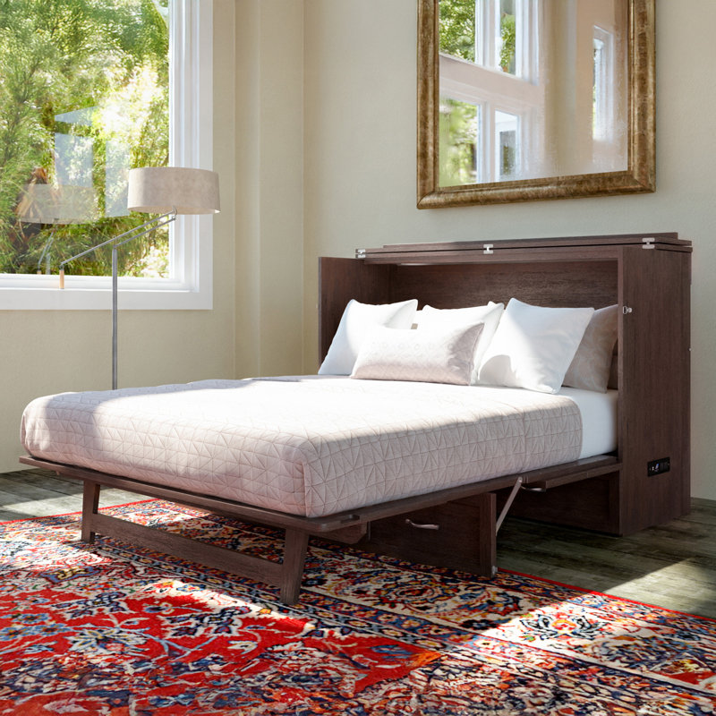 Andriena Murphy Bed Chest with 6" Mattress, Storage & Built-in Charger, Queen, Light Burnt Amber