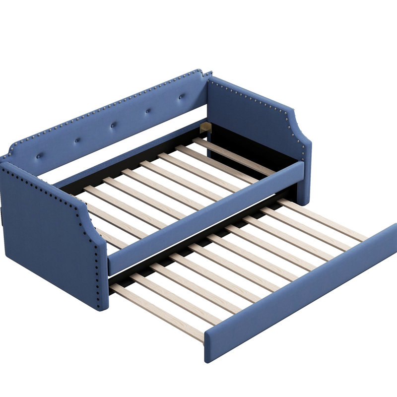 Upholstered Daybed With Trundle In Blue, Twin - Linen Upholstery, Resilient Wood Slat Support Trundle, Blue Upholstered, Assembly