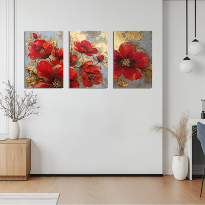 «Red Floral with Gold Accents», reproduction d'art sur toile tendue sur toile (ensemble de 3)