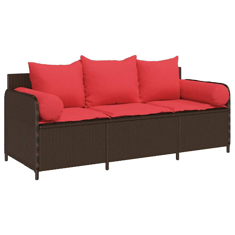 Patio Sofa With Cushions 3-Seater Poly Rattan, Red, Brown