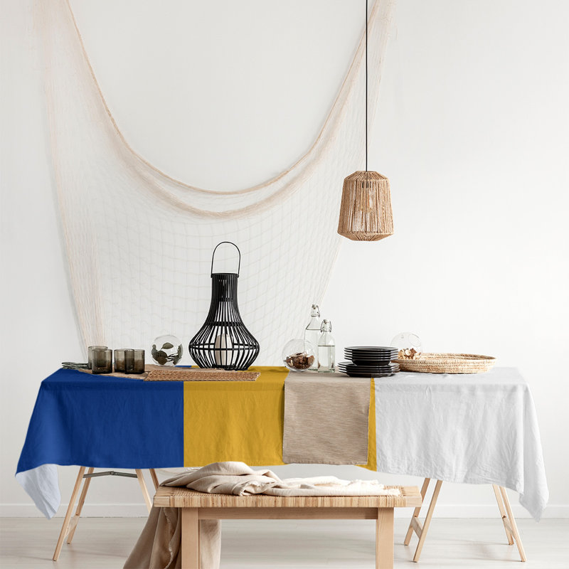 Mélange de coton rayé Nappe, Bleu / Or / Blanc